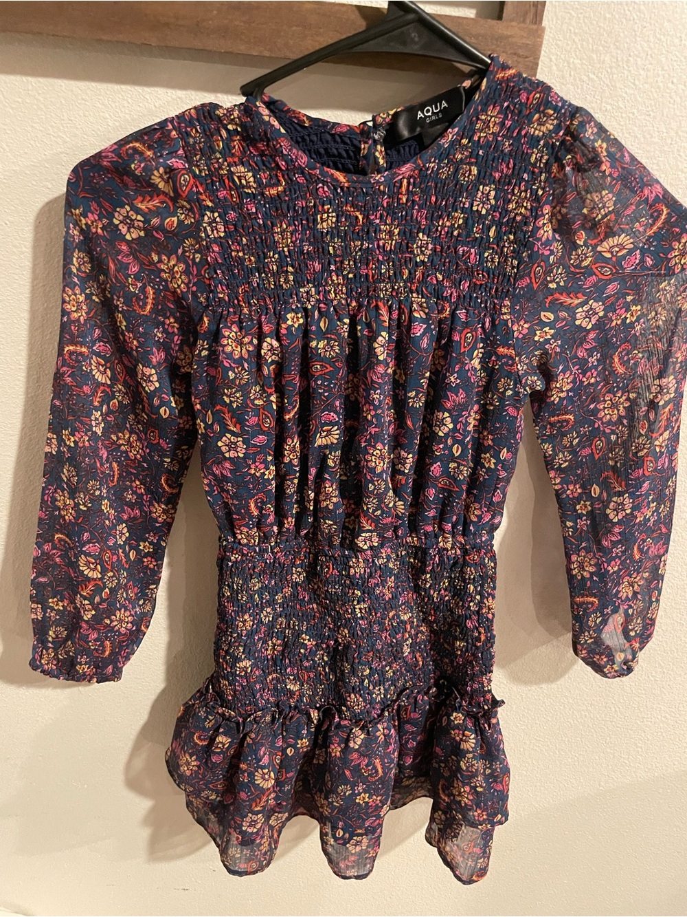 Aqua girls navy floral smocked dress size Small